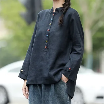 2021 Primăvara Anului Nou Stil De Arte Femei Maneca Lunga Stand Guler Tricouri Largi Butonul Design-Lenjerie De Pat Din Bumbac Bluza Vintage Plus Dimensiune V165