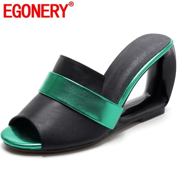 EGONERY Brand Plus Dimensiune Piele naturala Exterior Femeie Culori Amestecate Papuci de Vara Diapozitive Sandale Catâri Pene, Pantofi cu Toc inalt