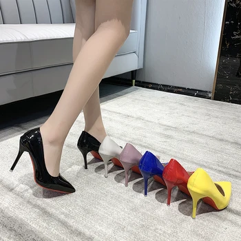 LazySeal 10 cm Toc Femei Pompe Subliniat Toe Stilet de Bază Culori Galben Aluneca Pe Tocuri inalte Oficialii Pantofi Femei Femme Sexy Pompe