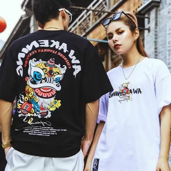 Chineză Stil de Vară Iubitorii de Cuplu cu Maneci Scurte T-shirt Tendință de Dans Leu Elan de Vară pentru Tineret Haina Bărbați și Femei Iubitorii de Tricou