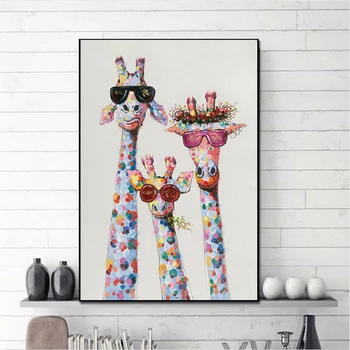 Colorat Girafa Drăguț Și Pisică Și cal Panza Pictura desen Animat Animale Postere Si Printuri Poze de Perete Pentru Living Decorul Camerei
