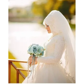 Vestido De Noiva Halat De Mariage arabă Musulmană de Lux Frumos 80cm Traseu Lung Maneca Lunga Hijab Rochie de Mireasa cu Voal 2020