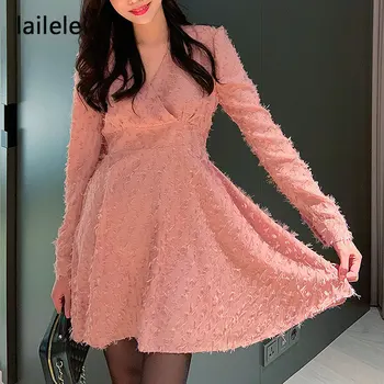 V-Neck Franjuri Rochie A-Line Mini Cu Maneci Lungi De Culoare Roz Vestido De Mujer Femei De Noapte Petrecere Vintage Coreea De Sud Drăguț 2021 Primavara-Vara