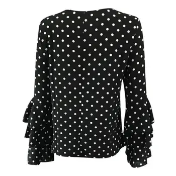 NE Depozit Femei Blusas Alb Polka Dot Imprimare Flare Maneca Topuri si Bluze O Gatului Maneca Lunga Plus Dimensiune Șifon Negru Bluza