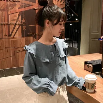 Tricouri Femei Peter Pan Guler Flare Sleeve Solid Minimalist Doamnelor Bluze Student Minunat De Moda Casual, Lejere Stil Coreean Noi