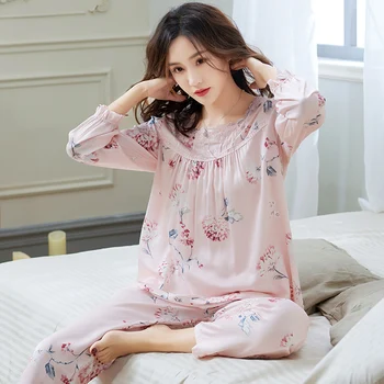 Țesute Din Bumbac Pur De Somn Lounge Pijama Cu Maneca Lunga Top + Pantaloni Lungi Femei Set Pijama Floral Pijamale Plus Dimensiune Sleepwear Pentru Femei