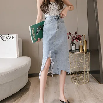 Femei Fusta Vintage Haine din Denim Rupt Fuste Lungi Albastru Harajuku Vară Talie Mare Streetwear 2020 flowy Moda Primavara