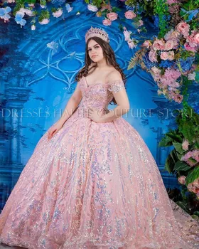Coral Rochii Quinceanera Dulce 16 Printesa de Pe Umăr Tul Dantela Paiete Concurs de Rochie de Bal pentru Fete Vestidos De 15 Anos Noi