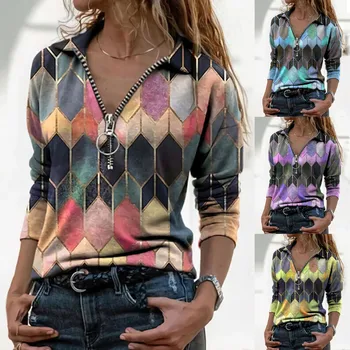 40#Moda Femei Rever Imprimare Geometrice cu Fermoar cu Maneca Lunga Bluza Casual Confortabil slim Top de bumbac plus dimensiune рубашка женская