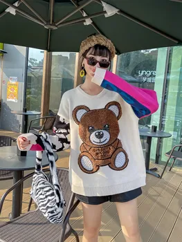 Urs drăguț desene animate pulover pulover lovit de culoare leopard pulovere pentru femei de sex feminin tricotaje