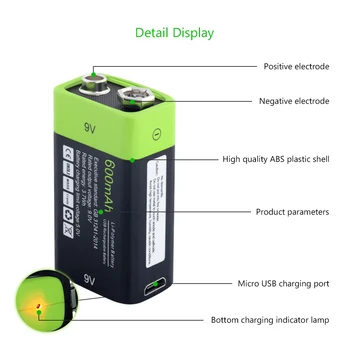 1bucată 9V USB Reîncărcabilă ZNT Baterie Lipo de Litiu Li-Ion Polimer Baterie 9V 600mah USB de Încărcare Baterii+ Cablu Usb + Incarcator