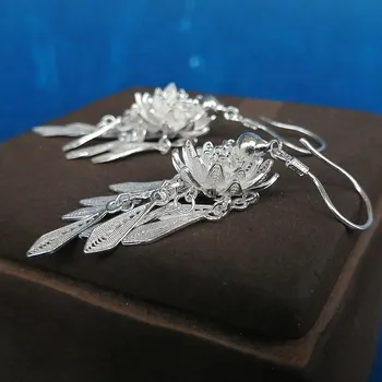 Bastiee Floare De Lotus 999 Argint Legăna Cercei Pentru Femei Drop Ciucuri Cercei Bijuterii De Lux Miao Cadouri Lucrate Manual Fetele