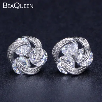 BeaQueen Unic Aur Alb Culoare 3 AAA Rotund Cubic Zirconia Cristale Minunate Stud Cercei Moda Bijuterii pentru Femei E174
