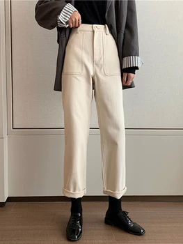 Talie mare pentru Femei Blugi Largi Picior Denim Albastru Streetwear Epocă coreea Style All-meci Simplu Full-length Jean Pantaloni Pantaloni