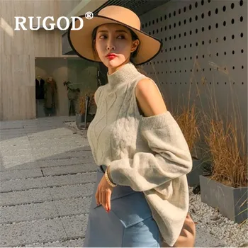 RUGOD de Pe Umăr Pulover tricotat pentru Femei Haine de Iarnă Solidă Pulover Jumătate Guler Tricotaje Stil coreean Femei Pulovere 2019