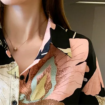 Femei Șifon Tricouri Retro Single-breasted cu Maneci Lungi Florale Pictate Rândul său, în Jos Guler Blusas Sus 2021 Nouă Primăvară Femei Bluze