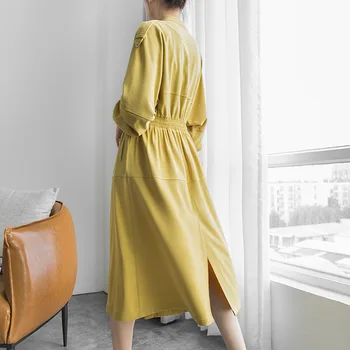 2020 Noi De Toamna Pentru Femei Rochie Lunga De Moda Două Porți Jacheta Stand Guler Talie Culoare Solidă Show Subțire Bubble Sleeve Dress