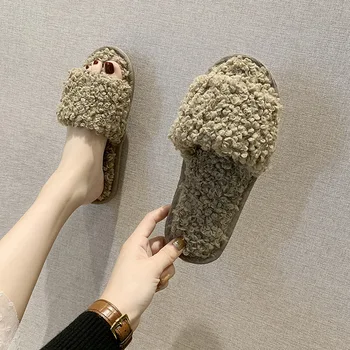 De iarnă pentru Femei de Moda de Origine Papuci de casă Faux Blana Caldă Pantofi Femei Bej Bază Apartamente Blană de sex Feminin 1,5 cm Toc Plus Dimensiune 36-41