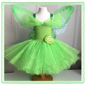Fetele Verde Glitter Fairy Flori Rochie Tutu Copii Croșetat Strălucit Rochie din Tul Rochie de Bal cu Aripa Copii Costum Petrecere Rochii