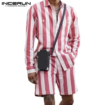 INCERUN Moda cu Dungi Bărbați Seturi de Streetwear 2021 Buzunare Maneca Lunga Camasi Casual Elastic Talie pantaloni Scurți pentru Bărbați Costume 2 Piese S-5XL