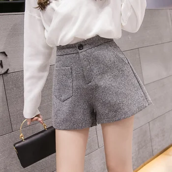 Coreea style femei casual de lână pantaloni scurți de înaltă talie vrac largi picior o linie de pantaloni scurți femei toamna iarna plus dimensiune femme pantaloni scurți