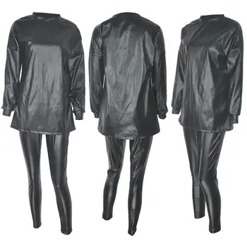 O-Neck Mâneci Lungi PU cămăși și Pantaloni New Sosire Toamna Femei Costum High Street Style Costume 2 Piese Set