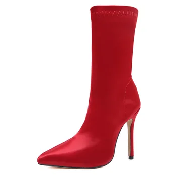 Koovan Femei Cizme Înalte Tocuri Ascuțite Satin Elastic Pânză Șosete Cizme Cizme din Piele Rosu Negru Albastru Pantofi pentru Femei