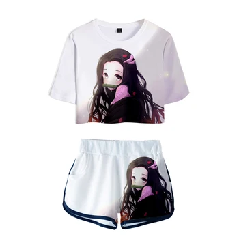 Fantoma Lama Fierbinte 3D Expuse Buric T-shirt+pantaloni scurți două seturi de piese de imprimare Demon Slayer Femei/fete de Moda de Vară de două seturi de piese