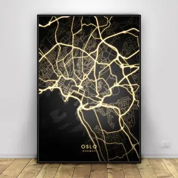 Oslo, Norvegia Negru și auriu Canvas Wall Art Hartă Poster