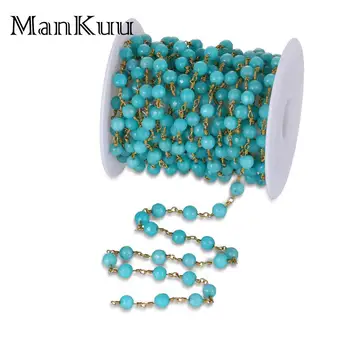 Mankuu 6mm Albastre Fatetate jad-ul Lanțuri de Șirag de mărgele Pentru a Face Bijuterii Aur Placare Wire Wrap Lanțuri de Turcoaze Culoare Rozariul Lanțuri 5M/Lot