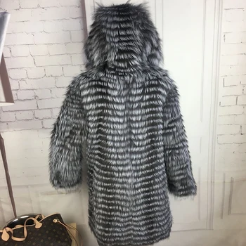 CNEGOVIK Noua moda de vulpe argintie blană cu glugă haina de blană de vulpe argintie blană haină de 90cm lungime femeile red fox jacheta blana