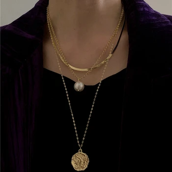Minimalist Monedă Rundă Cap Portret Coliere Colier pentru Femei de Aur Simulate Perla Stratificat Lanțuri Pandantiv Coliere Accesorii