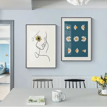 Scandinav Stil Minimalist Daisy Flower Girl Linie Poster De Floarea-Soarelui Imagine Arta De Perete Moderne Tablouri Living Decor Acasă