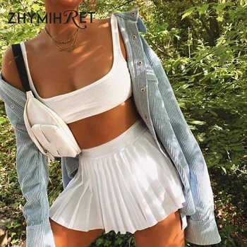 ZHYMIHRET de Vară 2020 Mijlocul Talie Albe Plisate Fuste Femei Fusta Mini Straturi Duble Sport Streetwear Mujer Faldas