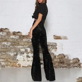 Vintage Lungi Flare Pantaloni Femei Coreene Streetwear-Sexy Pantaloni Talie Mare Doamna Casual Velur Negru Rosu Clopot Jos Pantalonii