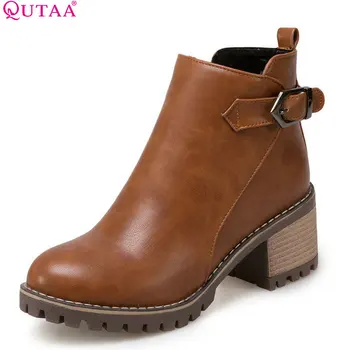 QUTAA 2020 Moda se Potrivesc Femei Cizme Glezna Pătrat Toc Înalt Pantofi Femei Rotund Toe Fermoar din Piele Pu pentru femei Cizme pentru Femei Dimensiune 34-43