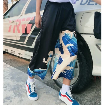 Stil japonez Harajuku Pantaloni Largi Picior Femeie Vrac Kanagawa Print Pantaloni Barbati Casual Ukiyo-e Inaltime Talie Codrin Streetwear