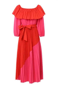 2020 Toamna Femei Rochie O Gâtului Maneca 3/4 Elegant Vintage Maxi Lung Rochie De Petrecere Roșu Culoare Roz Patchwrok Rochii Vestidos Halat