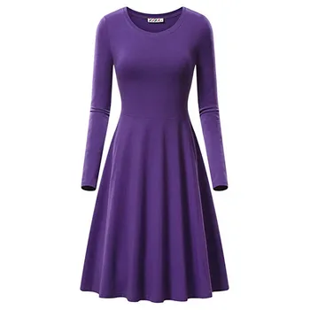 Toamna solide femei rochie Casual cu maneci lungi o-gât a-line rochie midi Vestidos galben roșu verde violet negru
