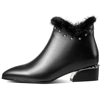 ISNOM Metal Tocuri Glezna Cizme Femei Nit Vaca Botine din Piele Femei Pantofi Blană de sex Feminin a Subliniat Toe Pantofi Doamnelor Iarna 2020 Nou