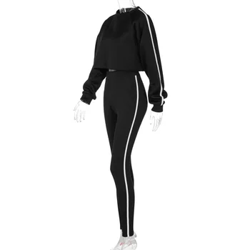 Femei Seturi de Trening de Funcționare Sportwear Tricou Vrac Talie Mare costum Casual cu Maneci Lungi de Sus a Culturilor Două Piese Salopeta Neagra