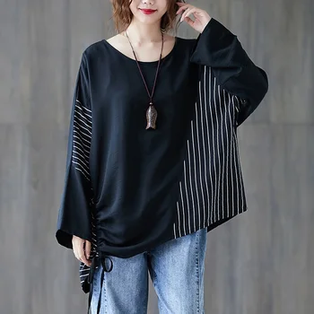 Stil coreean bumbac plus dimensiune vintage stripe toamna liber casual tricou tricou femei t-shirt doamnelor tricou haine 2021 topuri
