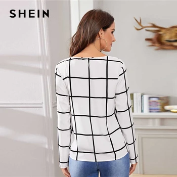 SHEIN White Plaid Print V-a Tăiat Gâtul de Primavara Casual Bluza Femei Topuri 2019 Toamna coreean Maneca Lunga Birou Laides Bluze Si Topuri