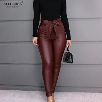 Creion Pantaloni Femei 2020 topuri Centura de Talie Mare Faux din Piele PU Eșarfe Pantaloni Lungi Casual, Sexy Exclusive de Design de Moda Pantaloni