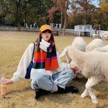 Coreea de sud Yaya tricotate stil curcubeu colorate de lână eșarfă colegiul îngroșat cald gât designer eșarfă eșarfă femei eșarfă de moda