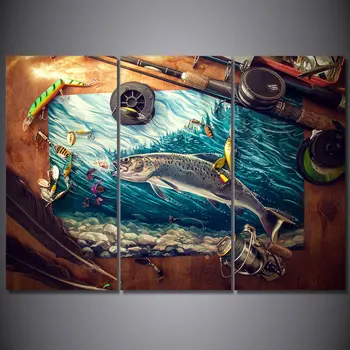 Decor acasă HD Printuri Canvas Wall Art Pozele 3 Piese Tijă de Pescuit de Ton Albastru Ocean Tablouri Living Pește Postere Cadru