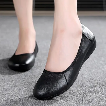 OUKAHUI Clasic Superficial Piele naturala Balerini Pantofi Pentru Femei Rotund Toe Simplu Solid Negru Moale Doamnelor Pantofi de Lucru Confort