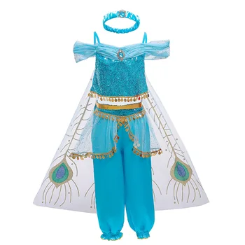 Fete Jasmine Dress Up Haine De Carnaval Pentru Copii Costum Petrecere Copii Aladdin Albastru Verde Printesa De Lux Rochii De Halloween Cosplay