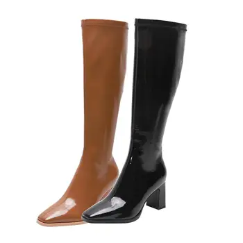 Krazing oală din microfibre din piele de brevet zip square toe cu toc de epocă modelul spectacol modern streetwear genunchi-cizme înalte L85