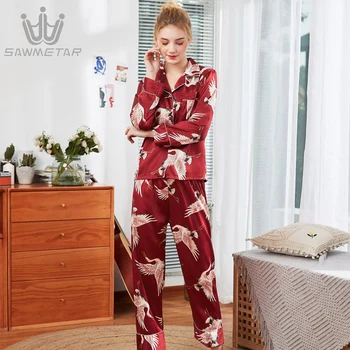 Pijamale De Mătase Satin Sleepwear Două Seturi De Piese Maneca Lunga Seturi De Pijama De Mari Dimensiuni De Moda Rochii De Noapte Costum Casa Noua Îmbrăcăminte De Noapte